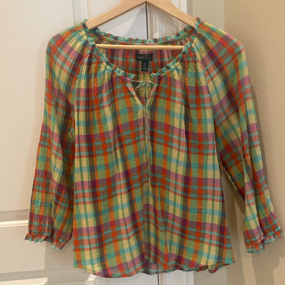 Ralph Lauren plaid tunic top with three-quarter sleeves size small